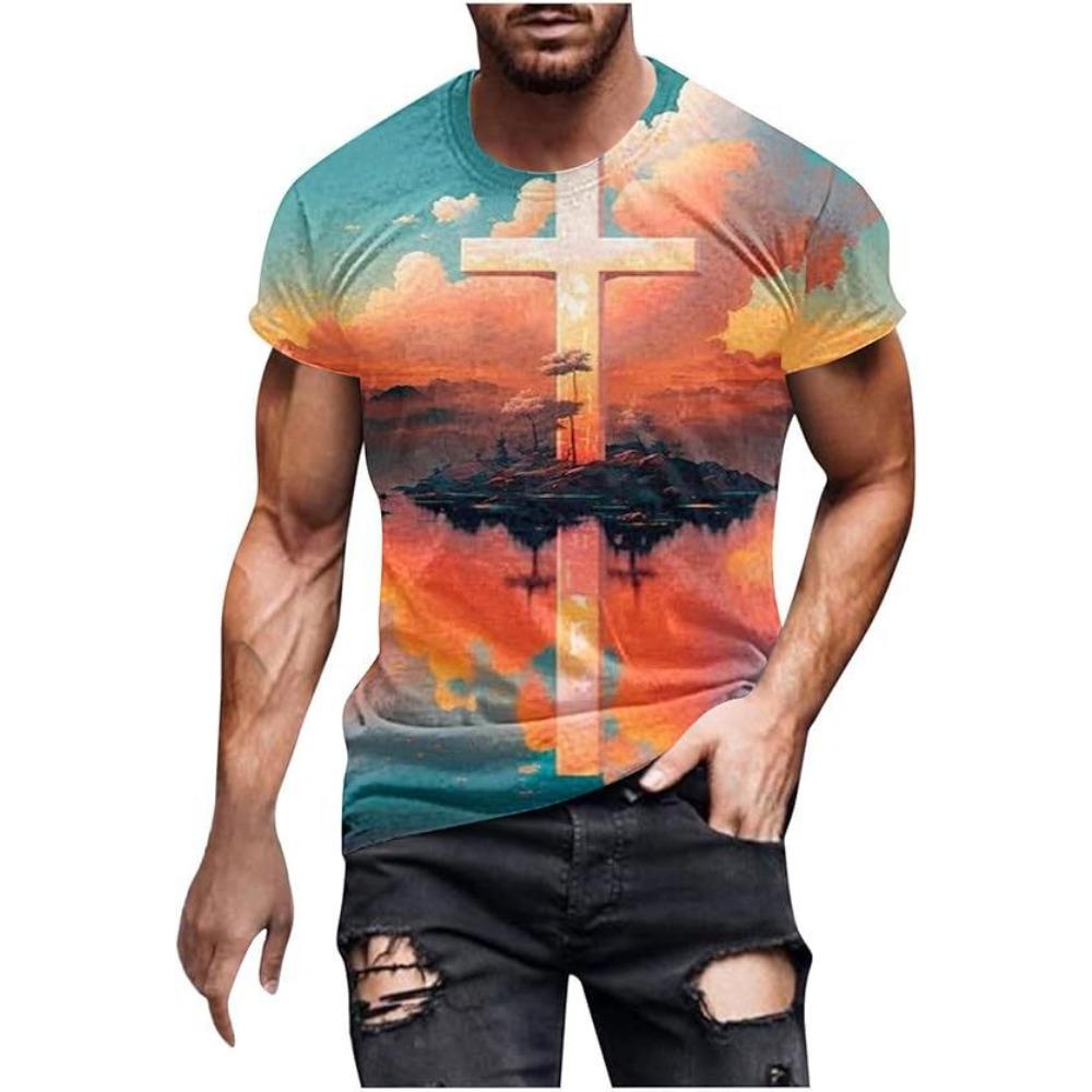 3D digitally printed men's T-shirt, casual crew neck short sleeves