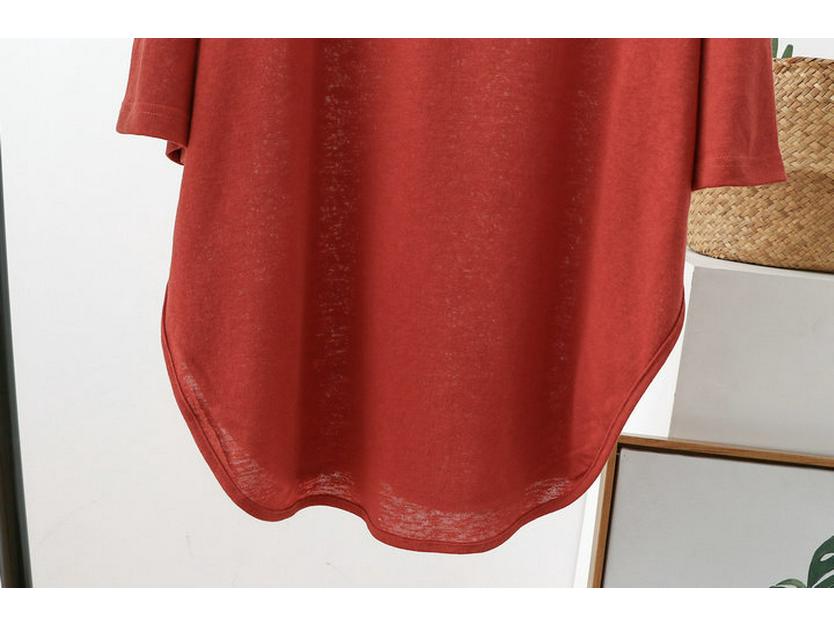 Women's Korean-Style Summer Cotton Linen Round Neck Shirt, Loose Fit, Mid-Sleeve, Plus Size Casual Top