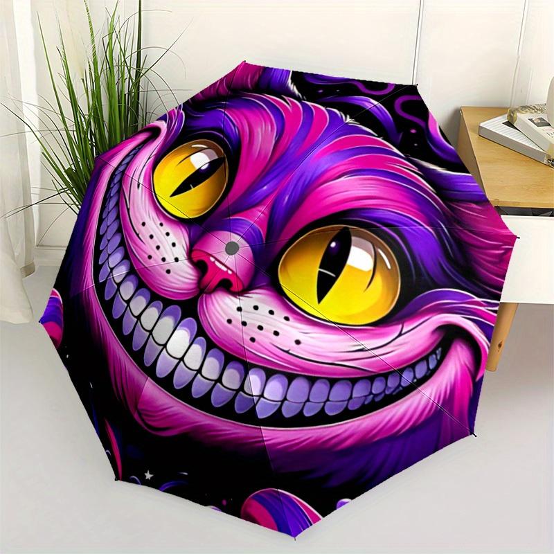 1 stk. Cheshire Cat Fantasy Automatisk Åben/Lukke Foldbar Kompakt Paraply, 8 Stærke Ribber, Letvægt Bærbar, Til Hverdagsbrug, Gave,,105