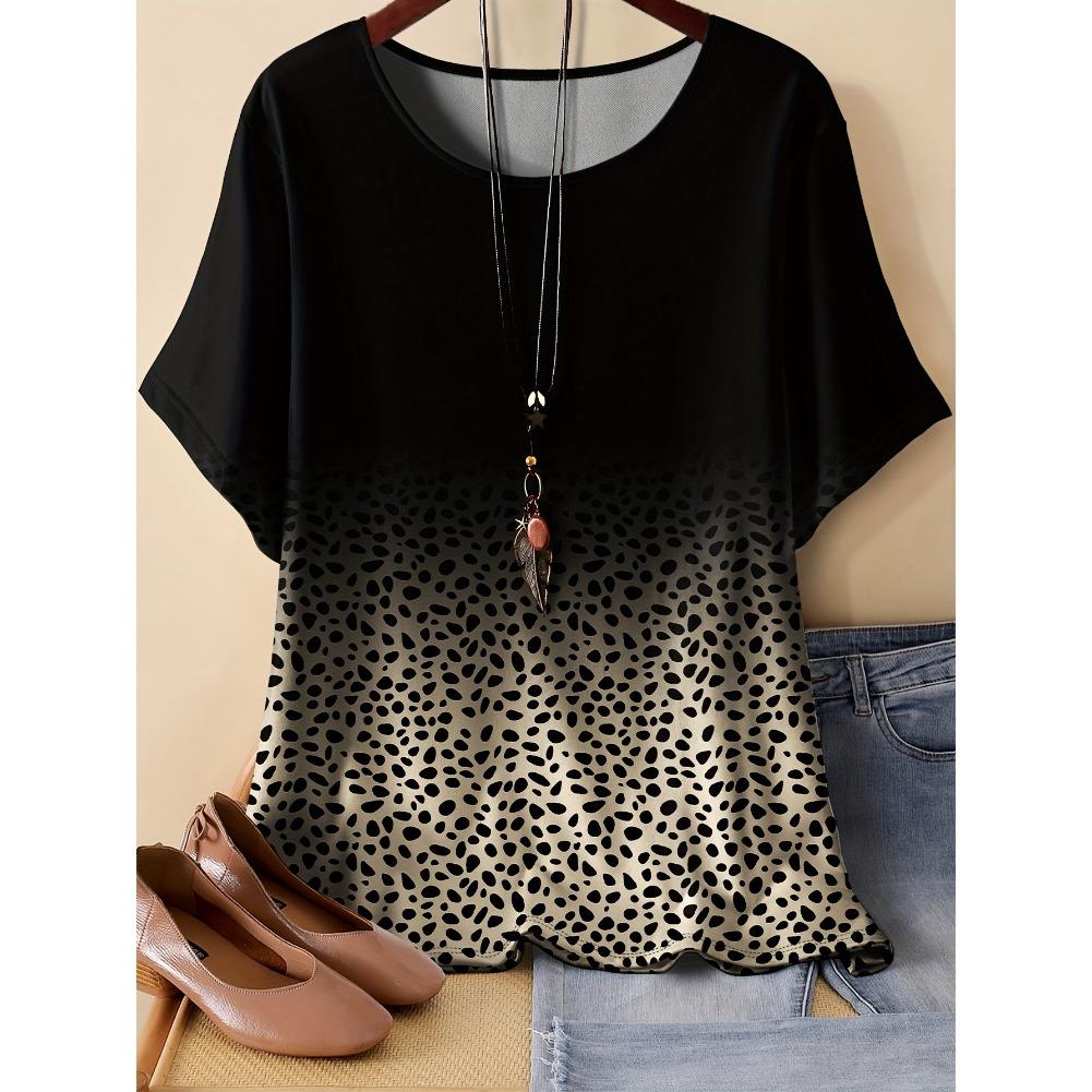 Plus Size Casual Crew Neck Short Sleeve Patchwork Print T-shirt - Miękka, średnio elastyczna tkanina poliestrowa Wiosna i lato Kobiety Luźny krój Ubrania