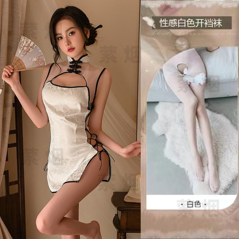 Sex underwear women's retro style sexy cheongsam uniform side open strap perspective role-playing free suit
