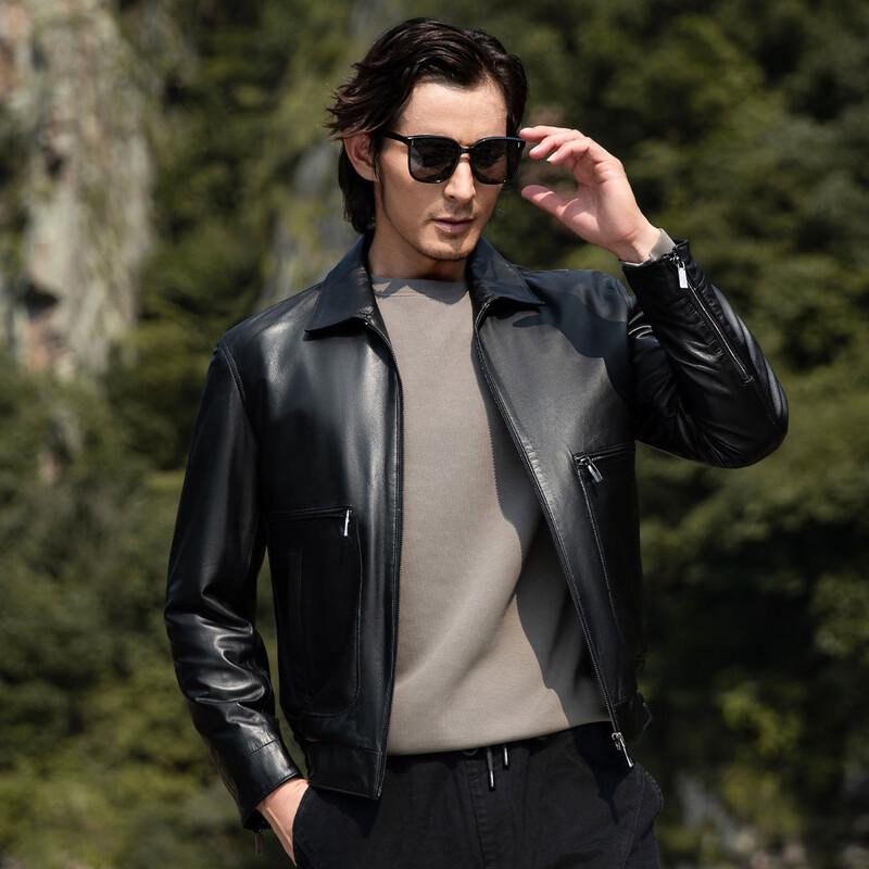 Futhing Men's Genuine Sheepskin Lapel Leather Jacket
