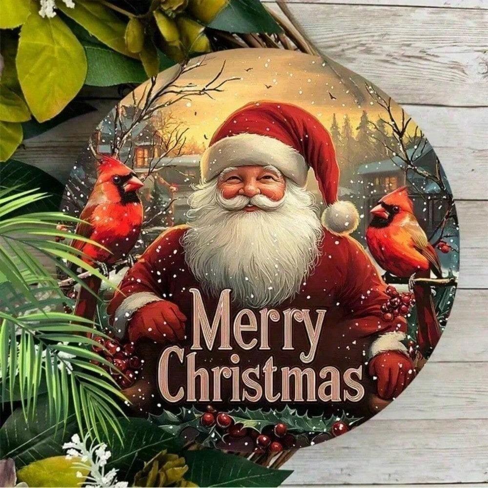 Rustic Metal Santa Claus Cardinal Wreath Sign Merry Christmas Wall Decor 2D Holiday Door Hanging For Home Bar Cafe Garage