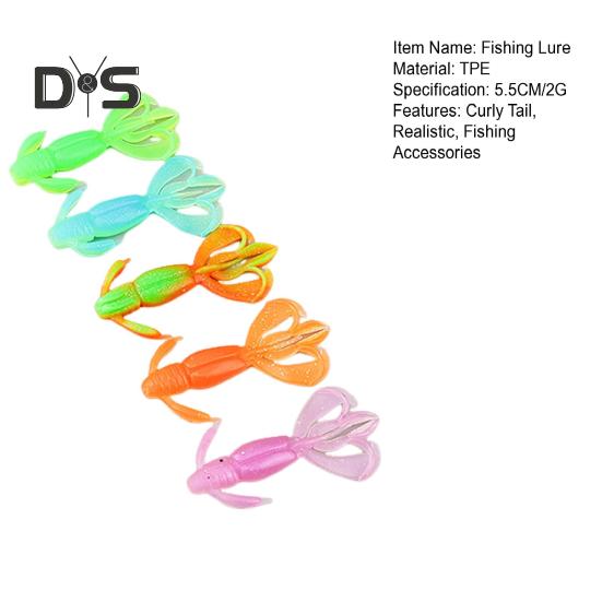 5 Stück 5,5 cm/2 g weicher Schmetterlingsgarnelenköder mit lockigem Schwanz, bunter Kunstköder, Salzwasser-Süßwasser-Barsch, Zander, Forelle, Angelzubehör