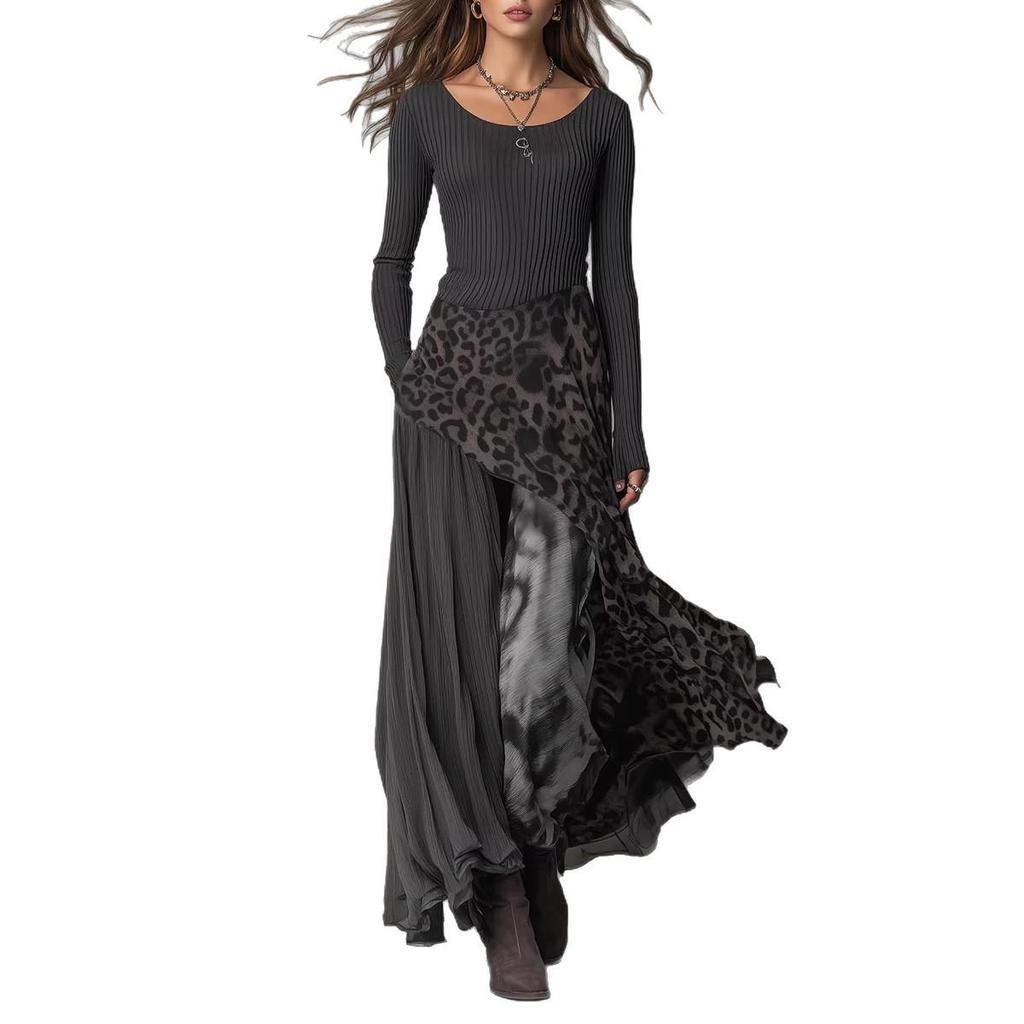 Stylish Leopard Print Patchwork Dress with Elastic Waist and Long Sleeves, Big Hem 2026
