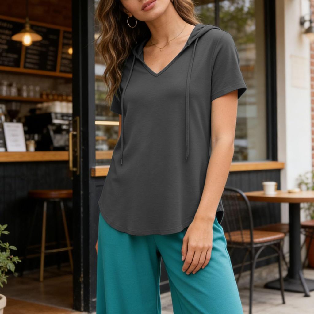Women’s Short Sleeve Hooded Pullover V Neck Loose Fit Casual Drawstring Shirt Lightweight Comfortable Top for Everyday Wear