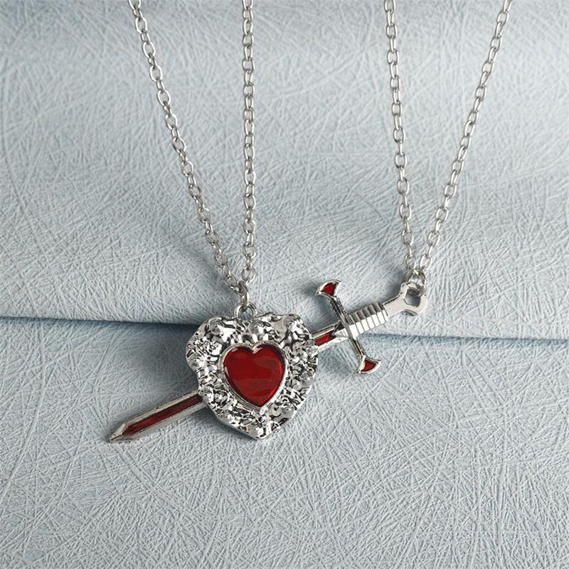 2pcs Swords Heart Pendant Necklaces for Women Men Cool Punk Heart Matching Necklaces Couple Friendship  Jewelry Gift