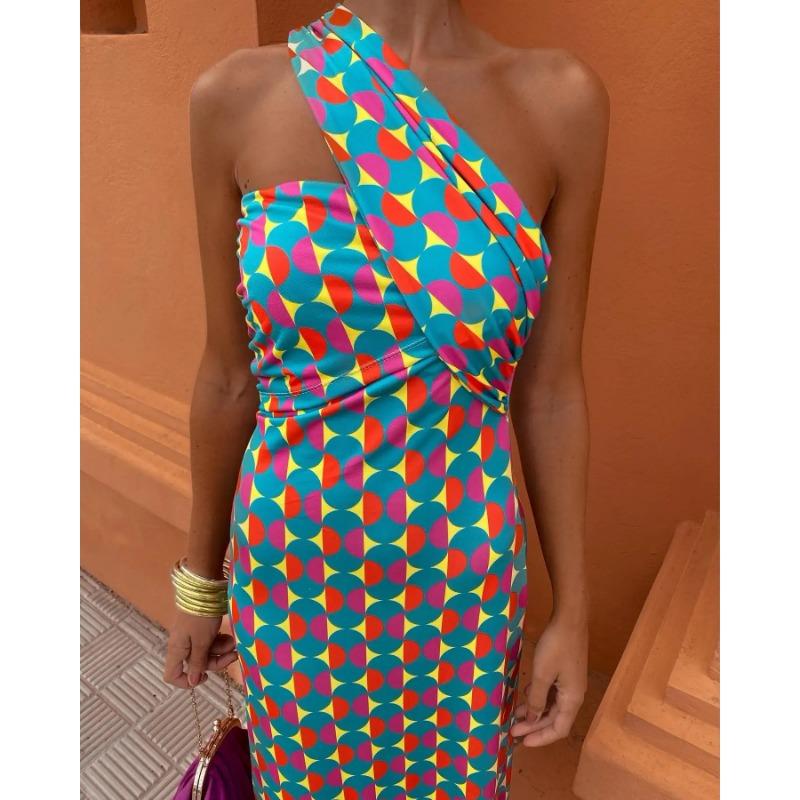 Summer Sexy Print One Shoulder Dress Women Elegant Retro Backless High Street Dresses Female Fashion Chic Slim Sleeveless Party Clothes