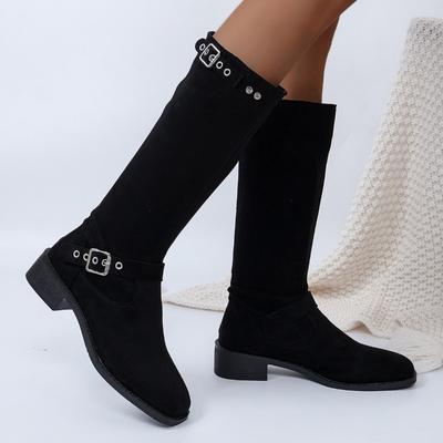 2024 Winter Casual Shoes for Female Slip-on Women's Mid-Calf Boots Square Heel Low Heel Women's Shoes Belt Buckle Ladies Boots