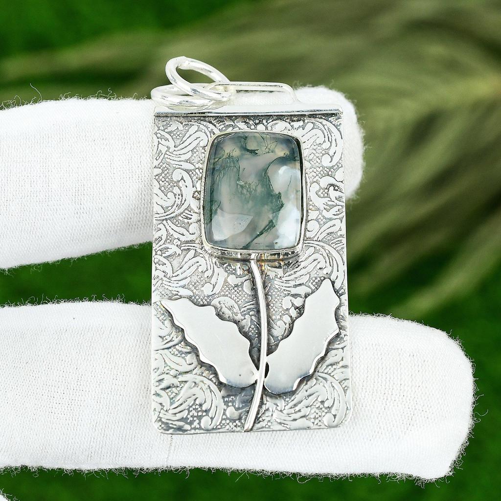 Memorial Day Deal Solar Moss Agate Stone Sister Boho Pendant 925 Sterling Silver