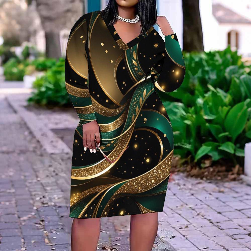 Women Plus Size V Neck Long Sleeve Black White Gray Printed Fitted Straight Hem Dress