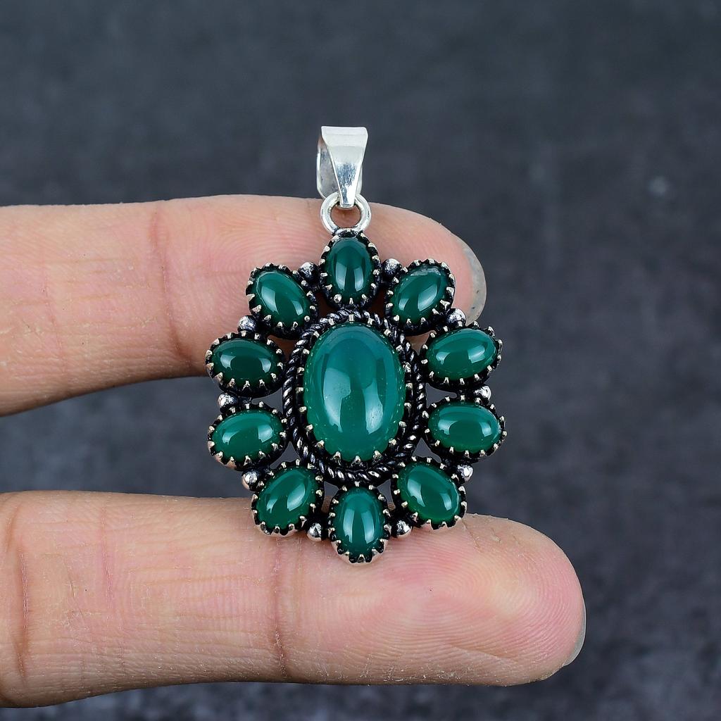 Natural Green Onyx Gemstone 925 Sterling Silver Jewelry Pendant 2.44" P6G04