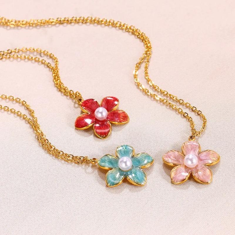 Small Fresh Titanium Steel Non-fading Dripping Pearl Pendant Colored Flower Necklace Sweet Cool Style Jewelry