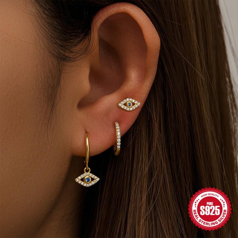 Sterling Evil Eye Octagram Moon Stud Hoop Earring Set With Cubic Zirconia Pearl Women