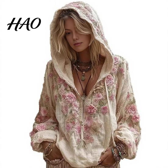 Windproof Neck Protection Top Women Tops 3D Flower Decor Hooded Zipper Sweatshirt Long Autumn Winter Warm Sleeve Loose Fit Casual Sporty Outerwear
