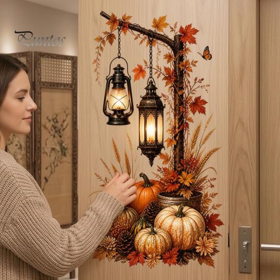 Thanksgiving Window Clings Autumn Pumpkin Street Lamp & Maple Leaves Wall Sticker, Waterproof PVC Fall Harvest Atmosphere Decor Decal, Decorative Peel