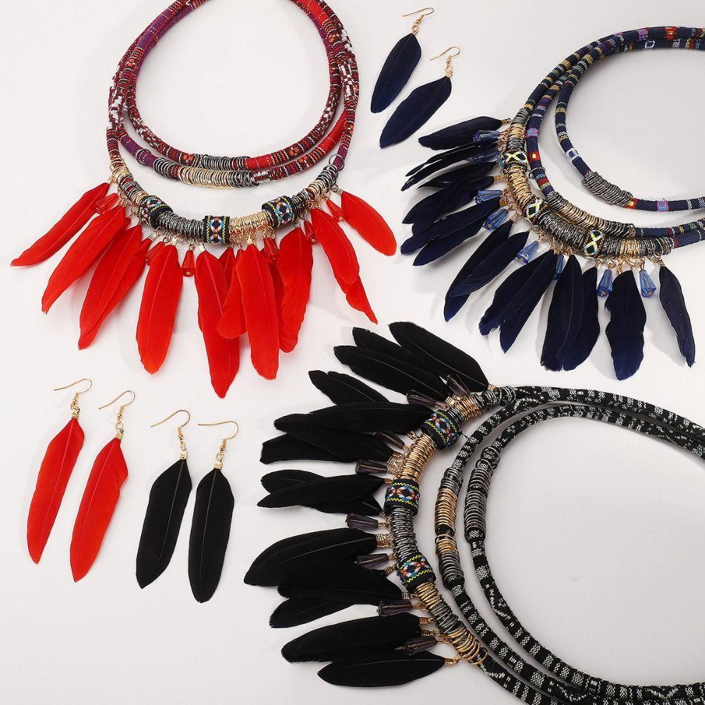 Fashion Bohemian Necklace Vintage Necklace Earrings Set Feather Tassel Necklace  Dating Accessories