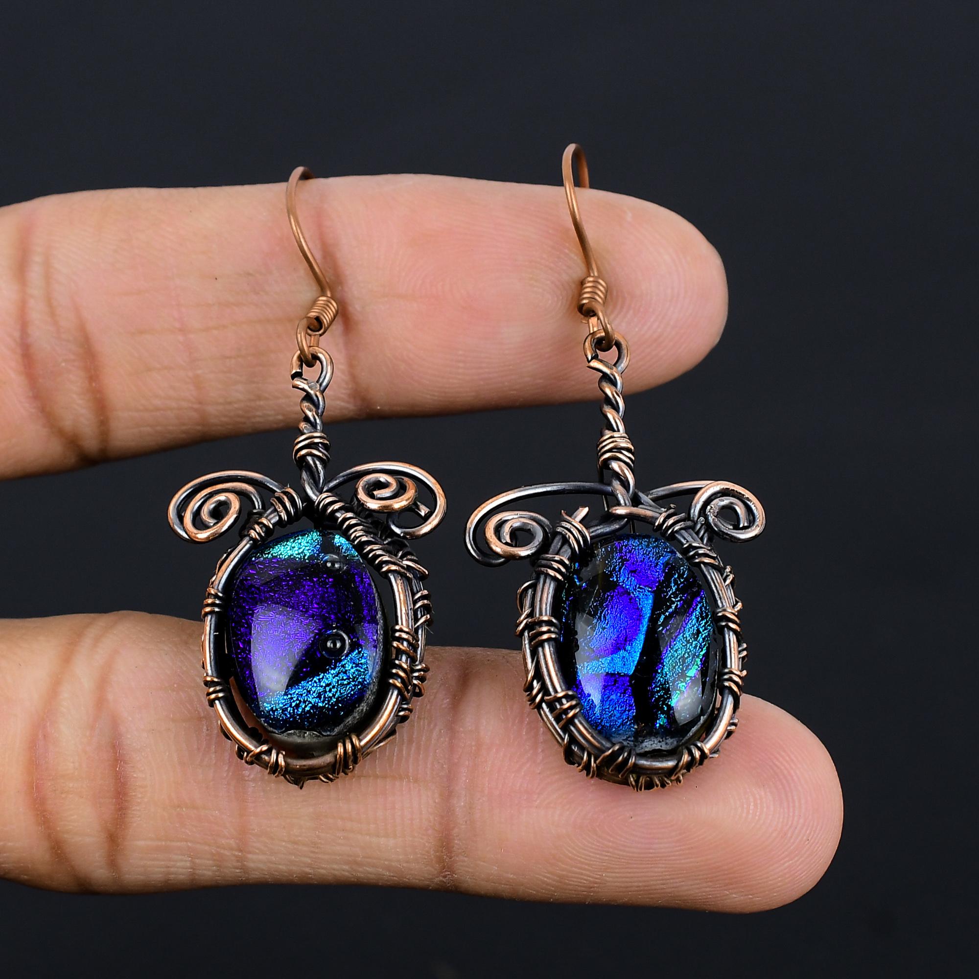 

Dico Glass Earrings Gemstone Jewelry, 999 Copper Wire Wrapped Earrings, Handmade Beautiful Jewelry Earrings 2.55 Inches