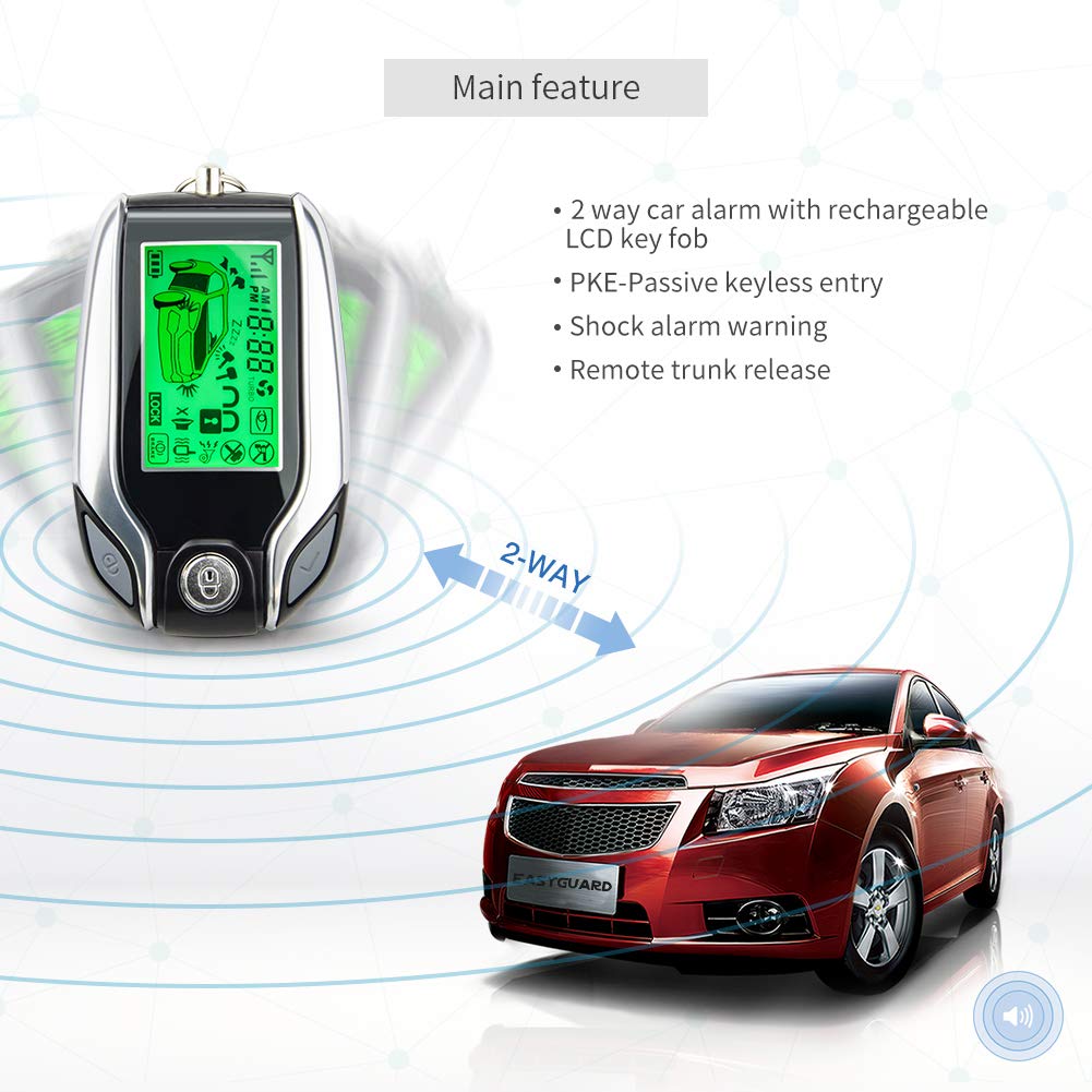EASYGUARD EC204 PKE Car Alarm System with Passive Keyless Rechargeable LCD Pager and Shock DC12V 2-Way Entry, Display, Warning,
