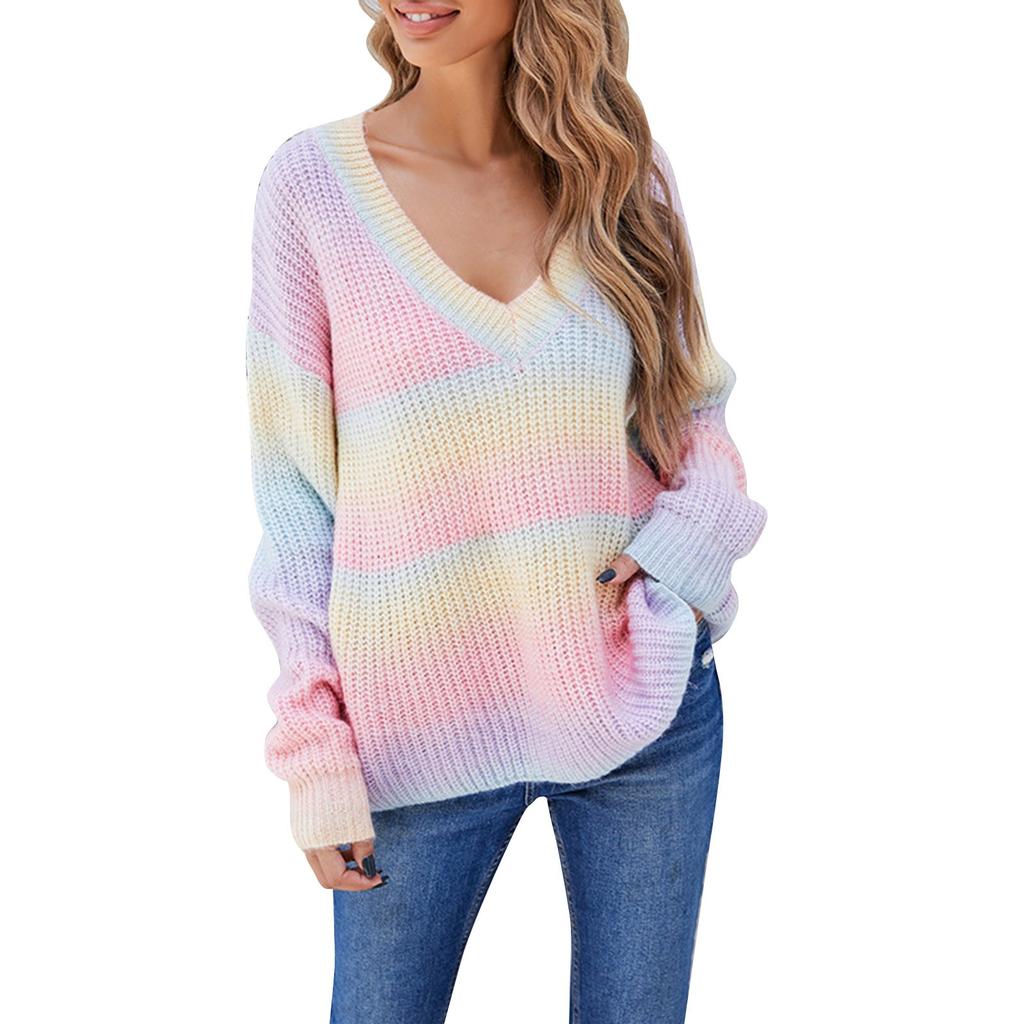 Women's Fashion Rainbow Patchwork Tie-Dye V-Neck Pullover Casual Knitted Sweater