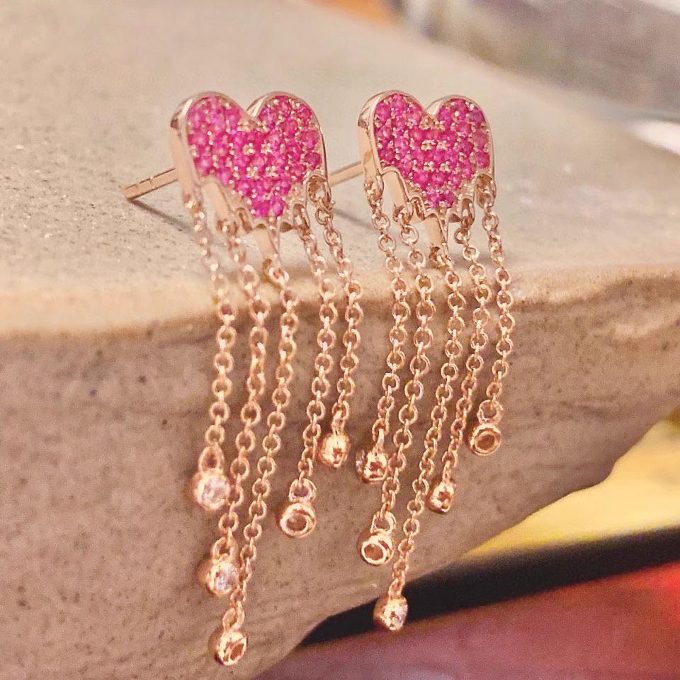 

Red Elk Sterling Silver Pink & Blue Sapphire Heart Tassel Earrings 925 Silver