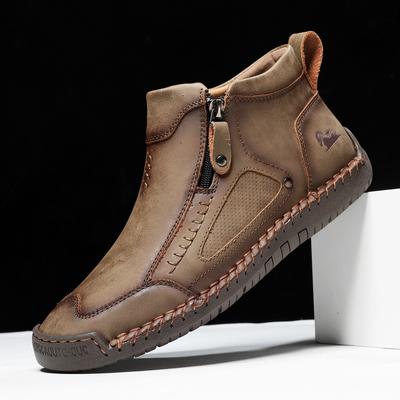 New Classic Handmade Leather Men's Shoes with Zipper Design Outdoor Sneakers Casual Flat Shoes Men Work Shoes Ankle Boots