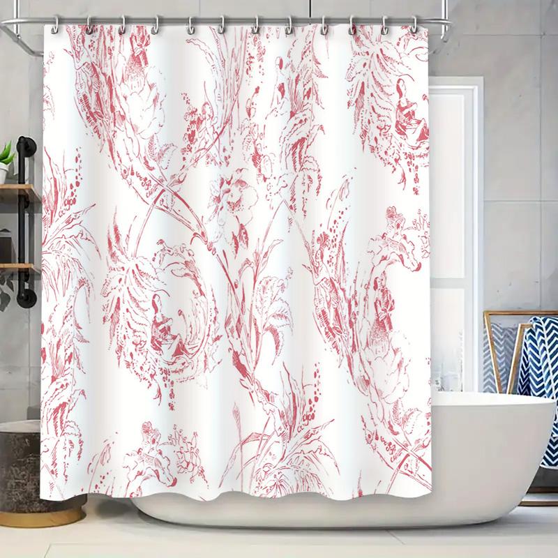 

Vintage Floral Printed Waterproof Shower Curtain Elegant Red White Design For Bathroom Decor High-Quality Polyester Fabric (Whit W60H190(CM)-1 Pcs