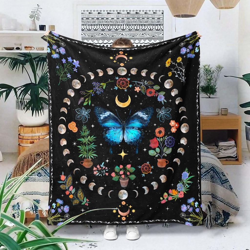 Orange Butterfly Moon Printed Blanket for Sofa Bed Travel Camping Living Room Office Conditioning Blanket for All Seasons Gifts
