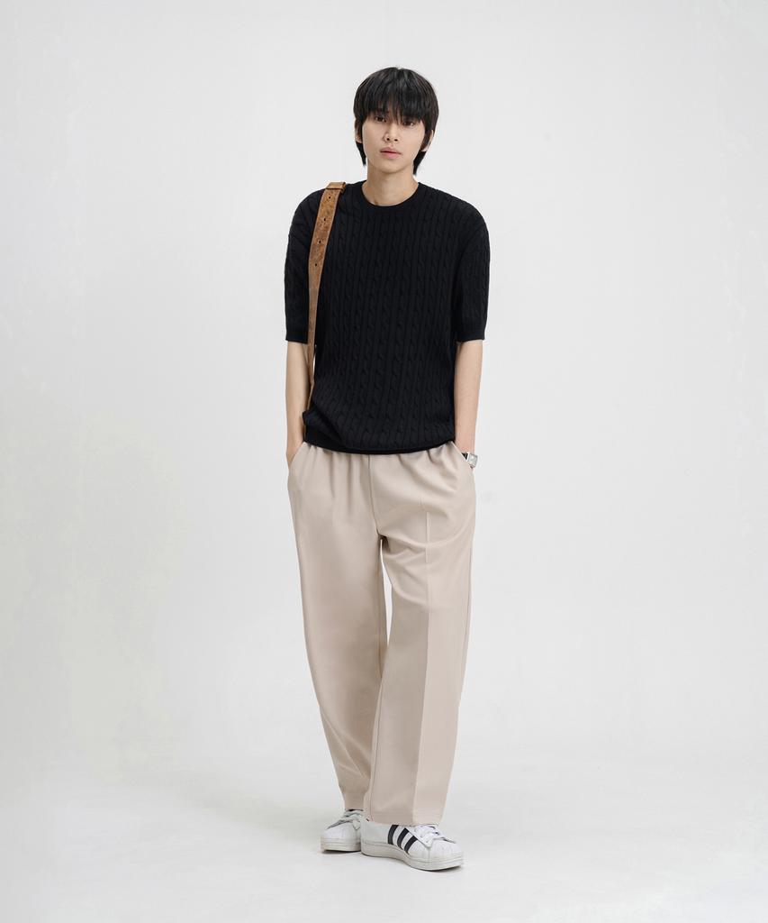 LEMAIN SECOND Oversized Washable Crew Neck Cable Short Sleeve Knit [Black]