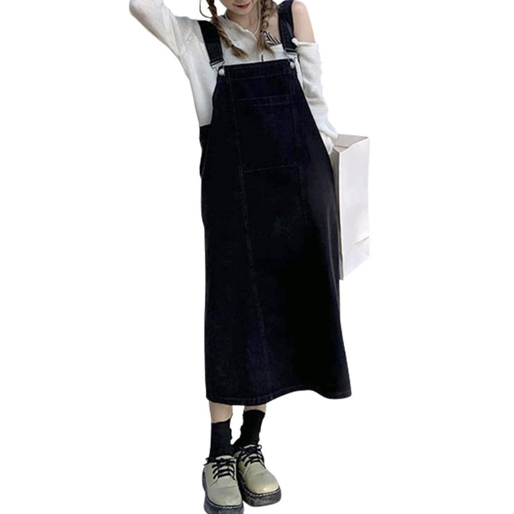 Teddy Denim Jumper Loose Medium Pants 453 Overalls, Skirt, All-in-One, Fit, Weight, Spring, Summer, Fall, Streetwear, (Black, L)