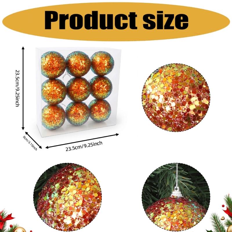 Christmas Tree Baubles, 9-Piece Colorful Plastic Sequined Sphere Decoration for Holiday Tree, Windowsills, Wreaths, Party Backdrops