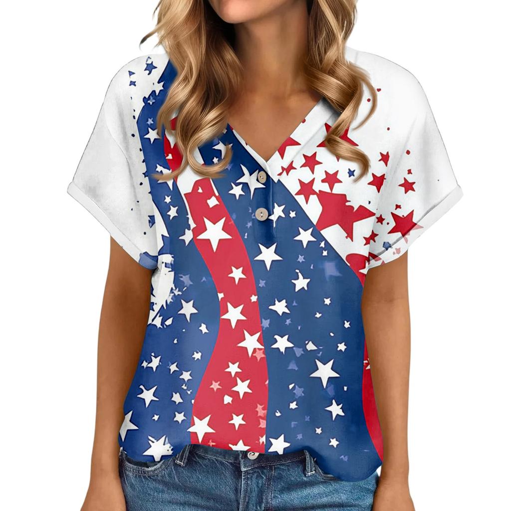 Women's Casual Fashion V-Neck Button Independence Day Print Short Sleeve Top