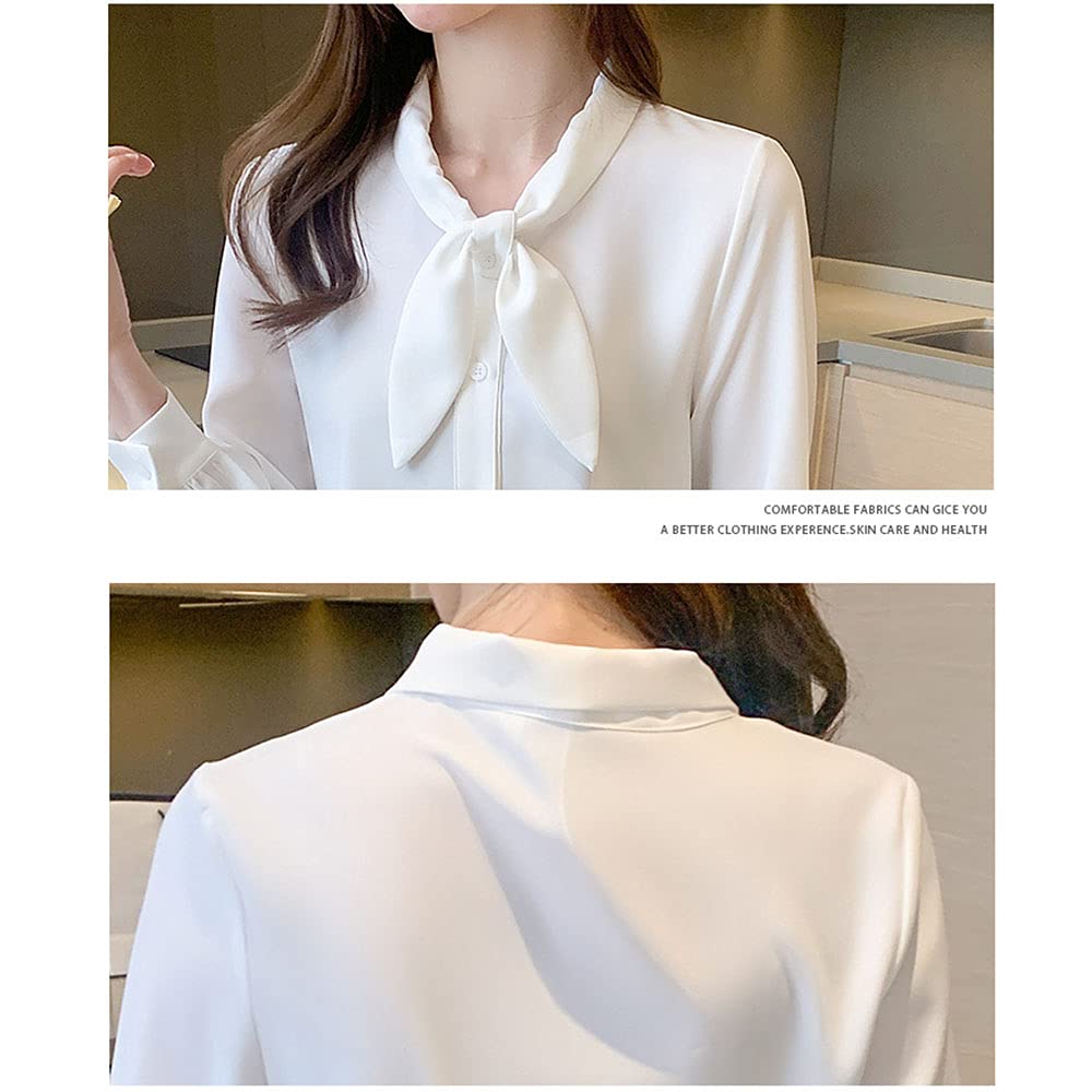 [SYitong] Women's Long-Sleeved Blouse, Stylish, White & Blue, Office Wear, Commuting, Relaxed Fit, Solid Color, Spring/Summer, Plus Sizes, Ribbon Blou