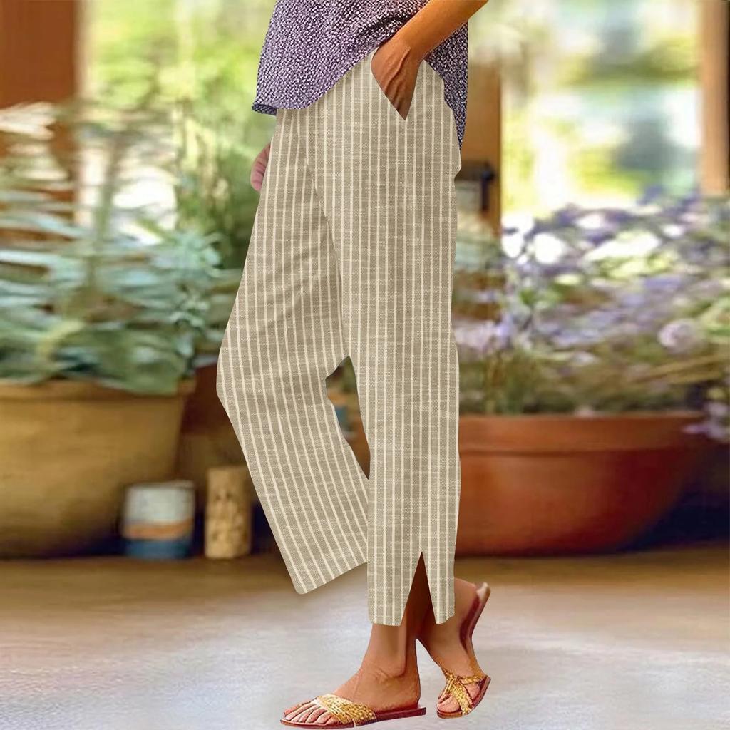 Pantalon Casual Rayé Tendance pour Femme, Lâche, Taille Élastique Confortable, Coupe Droite, Coton et Lin