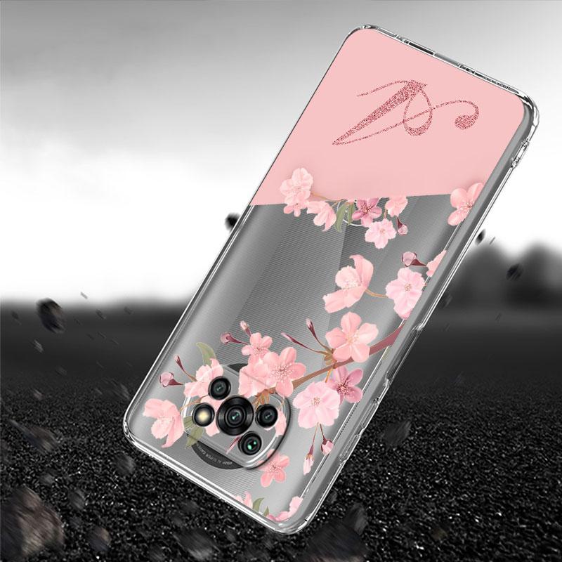 Case For Xiaomi Mi Poco X3 NFC 11 Lite M3 10T 9T 12 Redmi Note 10 9 9S 8 8T 7 Soft Clear Phone Cover Flower Letter Pink A B C