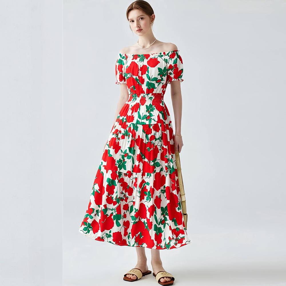 Bohemian Cotton-Silk Floral Printted Off-the-Shoulder French-Style Summer Dress for Women Ethnic-Style Elastic Waistband Pleayed Long Dress