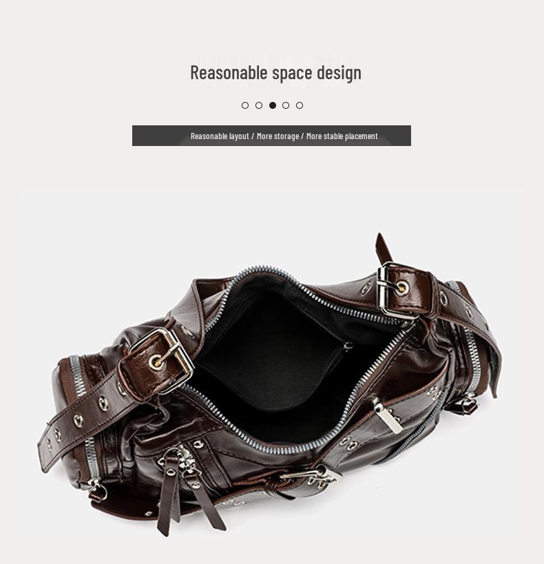 Women's Punk Motorcycle Distressed Leather Crossbody Bag with Multi-Buckle Straps and Rivet Design