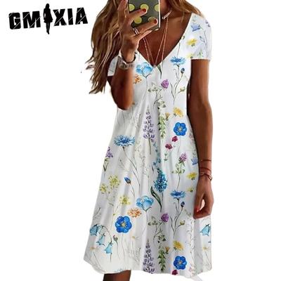 Women's Fashion Summer Spring Floral Print Short Sleeve V-Neck Casual Dresses
