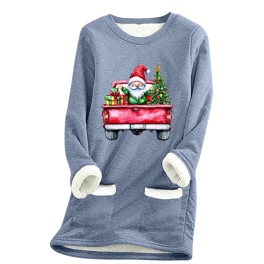 Ladies' Loose And Comfortable Round Neck Christmas Print Thick With Pockets Long Sleeved Top