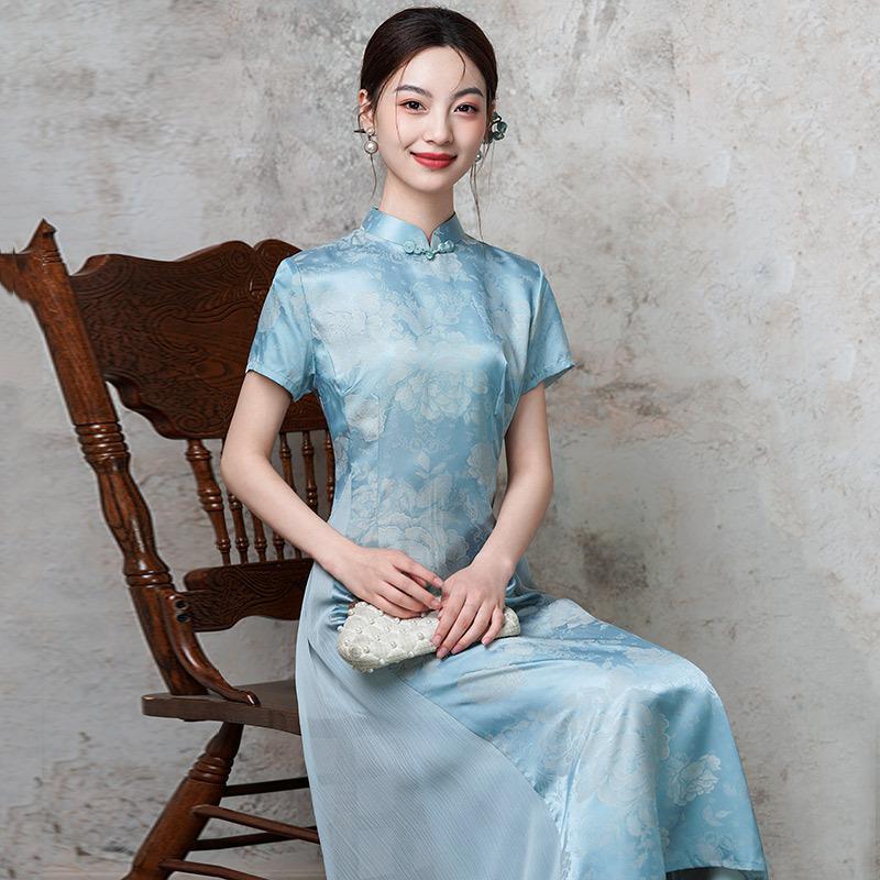 Mavi Aodai ulusal tarz yeni Çin cheongsam geliştirilmiş genç 1011 yeni kadın retro kısa kollu elbise yaz