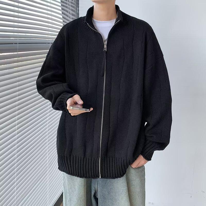 

Men s Loose Fit Japanese Style Stand Collar Zipper Cardigan Sweater - Autumn & Winter Woolen Knitwear for Couples L [115-125 Jin] чорний