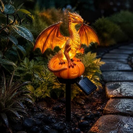 Solar Powered Outdoor Lights Gothic Garden Resin Dragon Statue Ground Stake, Figurine, Fantasy Decorative Lawn Accents for Halloween Statues