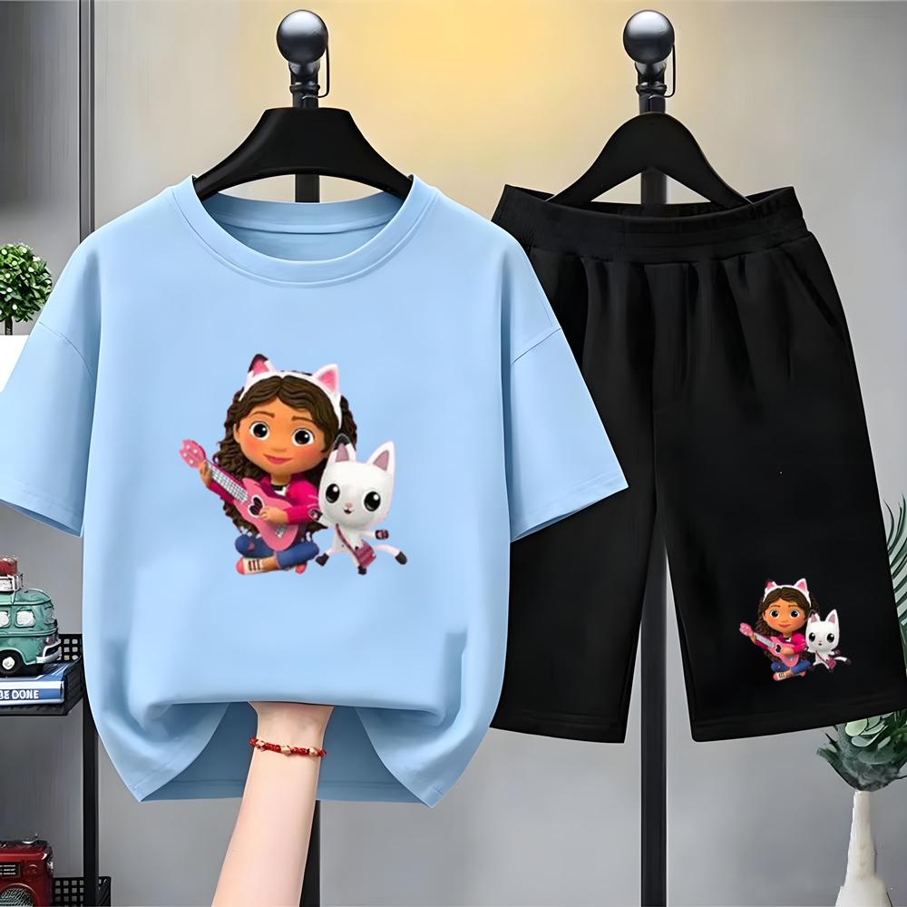 Children Summer Clothing Tshirt+Shorts Gabbys Dollhouse Print Boy Girl Toddler 3-12Yrs Short-Sleeved cool leisure Set