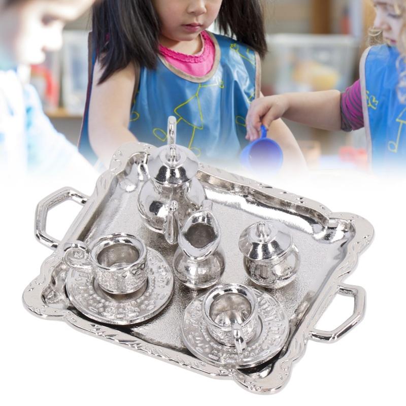 Mini Tea Set Metal 1/12 Scaled Simulation Lifelike Miniature Tea Cup Tray Kit For Dollhouse