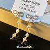 Bow rear hanging ear clips without ear holes, fringed earrings, slightly inlaid zircon pearl chain earrings, two wear stud earrings, women