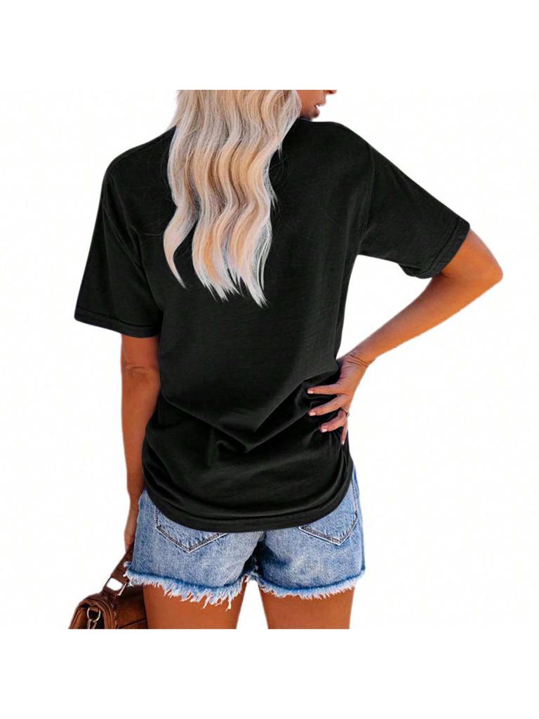 Women's Letter Print Crew Neck T-Shirt Short Sleeve Loose Basic Tee with Pocket