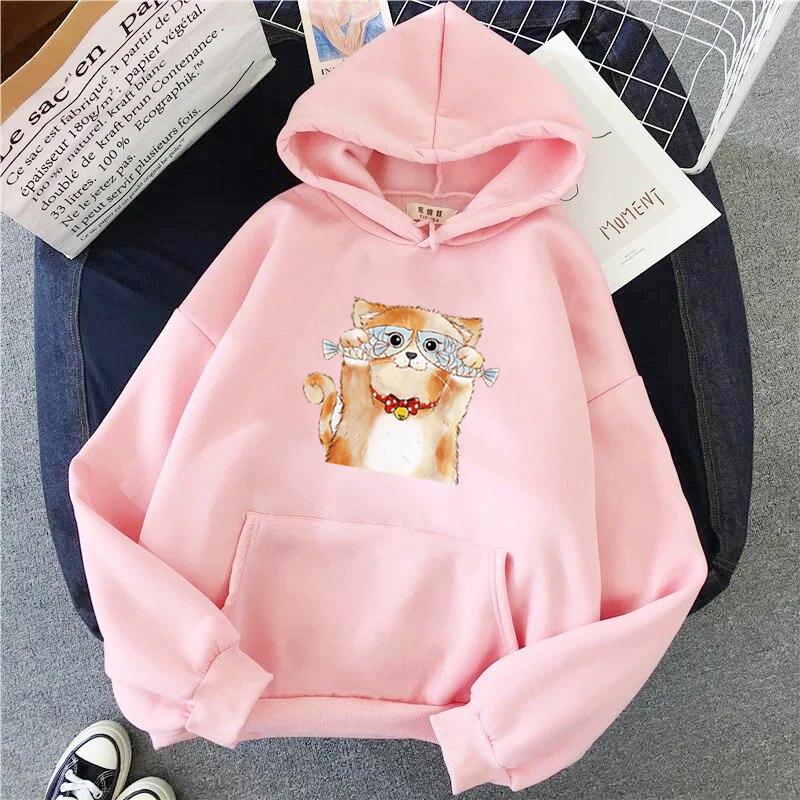 Sweat à capuche drôle le chat pour femmes, mode Kawaii coréen Harajuku, vêtements de dessin animé des années 90, capuche surdimensionnée pour filles