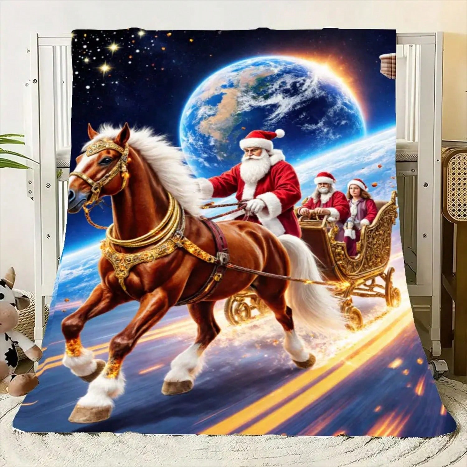 Al Cosmic Santa Claus Sleigh Ride T-Shirt - Featuring Santa On A Majestic Brown Horse With Flowing White Mane, Riding Throu S разноцветный