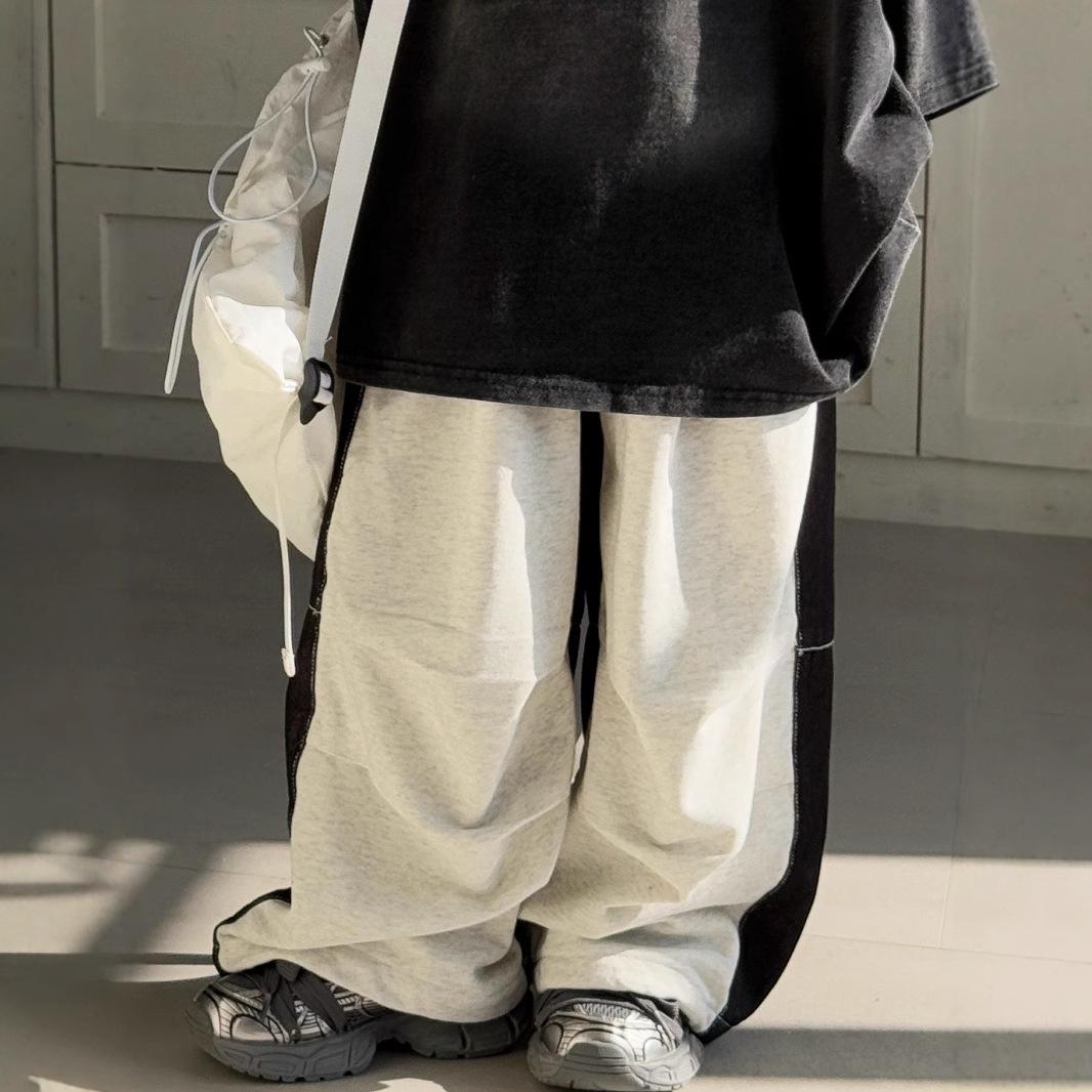 

2025 Boys Denim Color Block Wide Leg Sweatpants - Casual Loose Fit, Pleated Straight-Leg Design 140cm