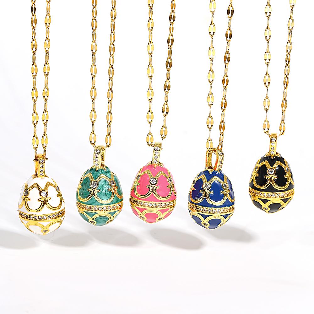 AENSOA Bunte Emaille Ostereier Anhänger Halsketten für Frauen Guilloche Medaillon Ei Strassstein Charm Halskette Gold Farbe Schmuck